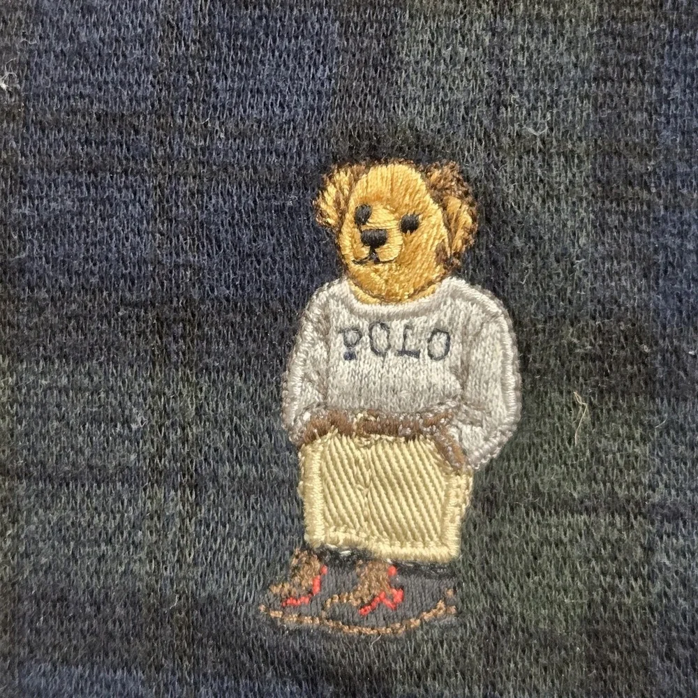 VINTAGE Polo Ralph Lauren Men Polo XL Navy‎ Bear Embroidery Plaid Blackwatch 90s